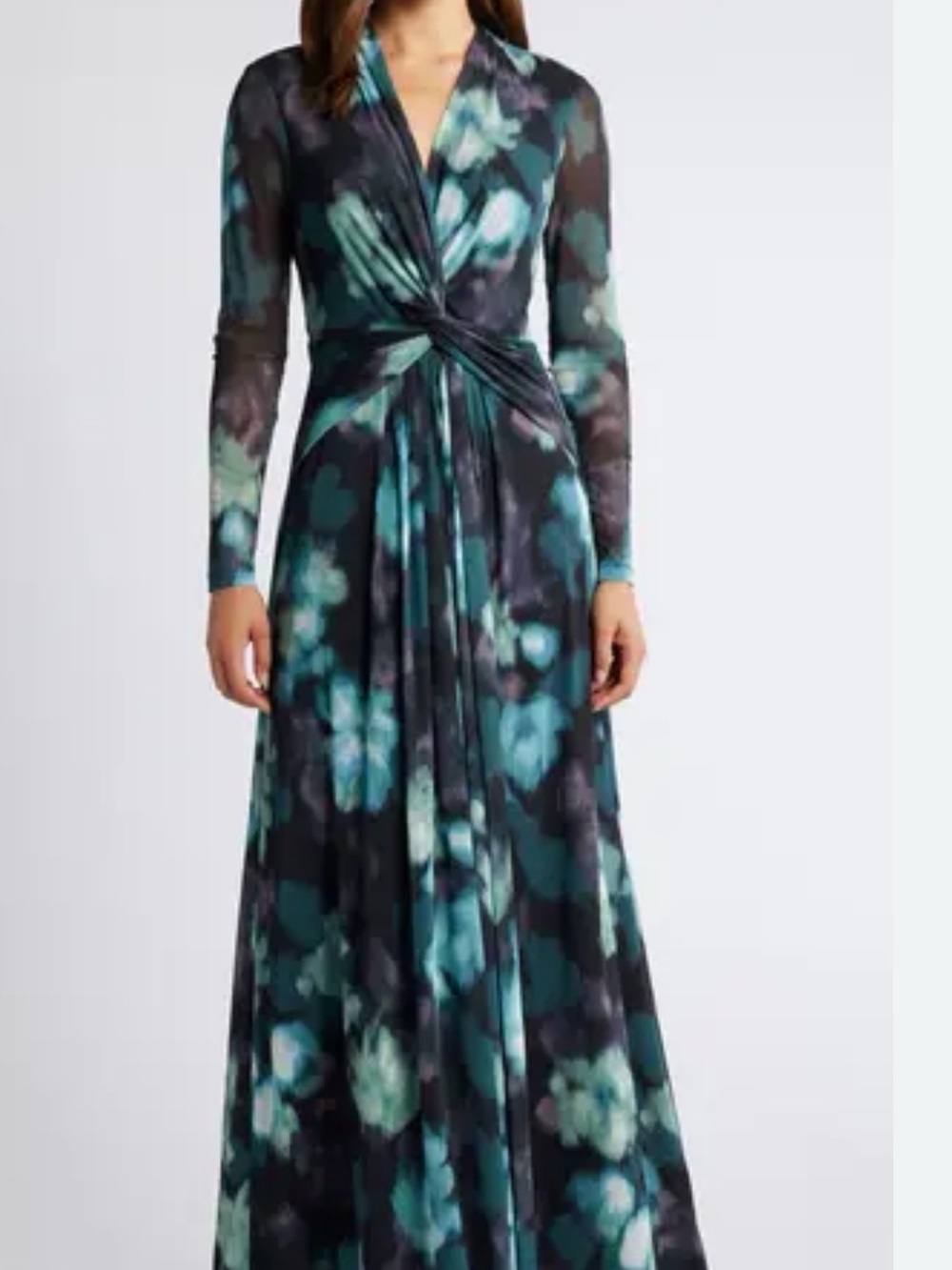Ann Klein Long Sleeve Twist-Front Floral Maxi Dress in Teal and Black size 20w